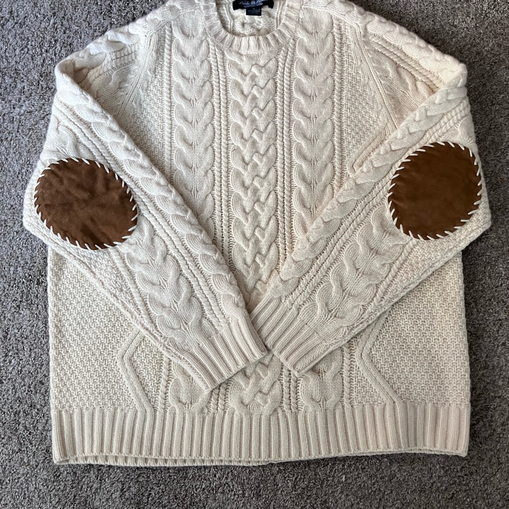 Brooks Brothers Cashmere Wool Cream Cable Knit Sweater Leather Elbow Patches